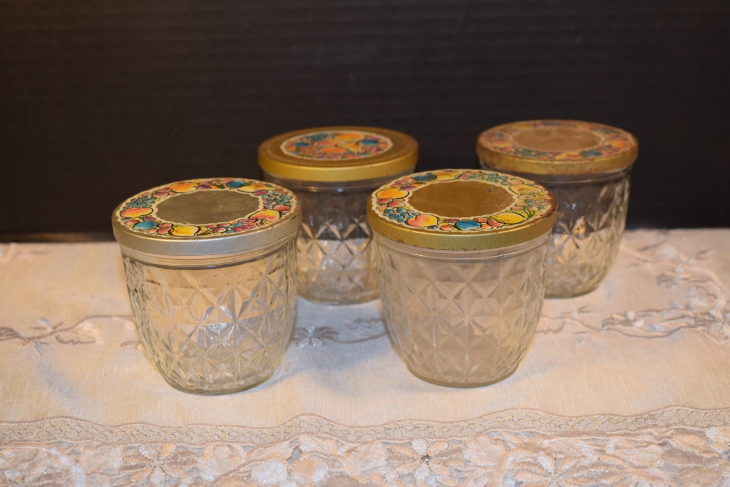 Ball Quilted Crystal Jelly Jars Vintage Set of 4 Quilted Ball