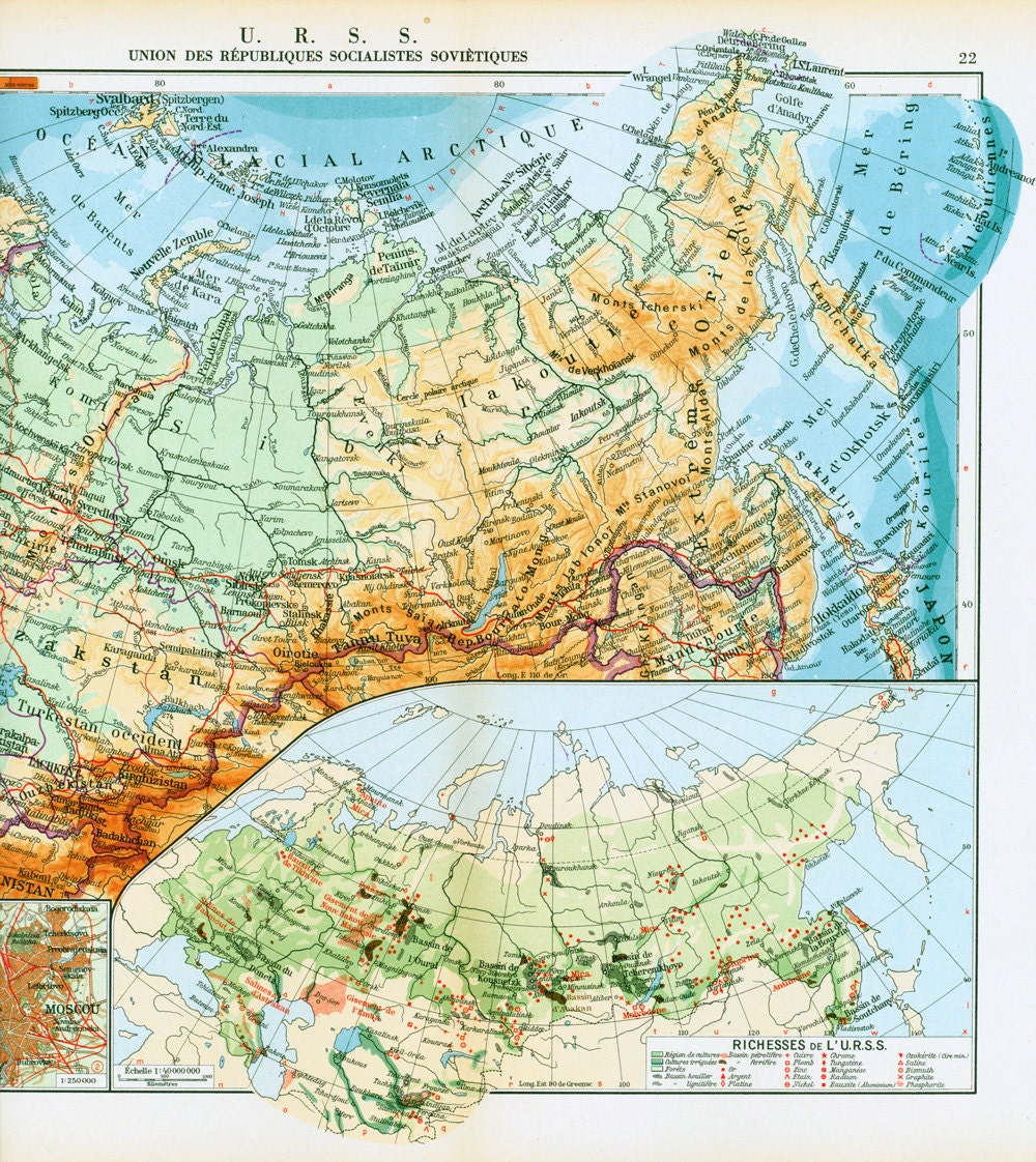 1950 Vintage map of USRR. Soviet Union Antique Map. Moscow