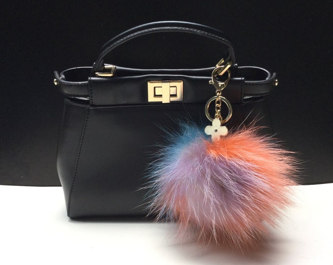 NEW Tropical Swirl™ Multi Color Raccoon Fur Pom Pom bag charm clover flower charm keychain piece no.320