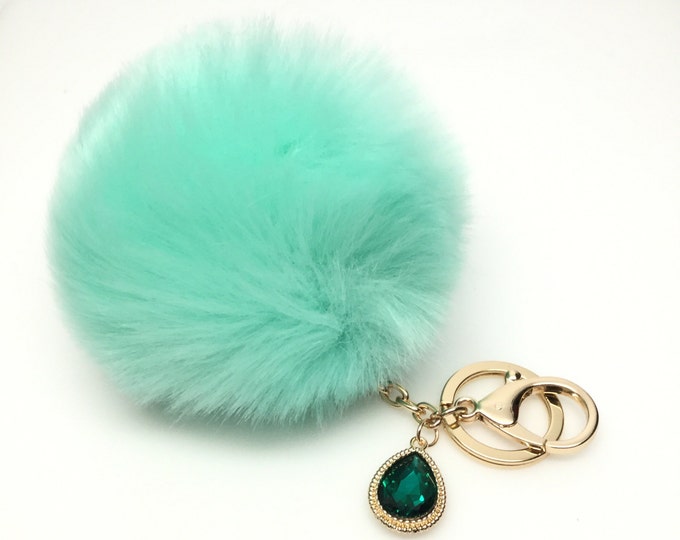 NEW! Faux Rabbit Fur Pom Pom bag Keyring keychain artificial fur puff ball in Emerald Crystals Collection