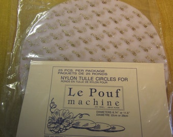 1 pk of 25 White w/ Gold spots Le Pouf machine 9" tulle circles,for making wedding,bridal,baby shower & party favors,corsages,sachets,etc.
