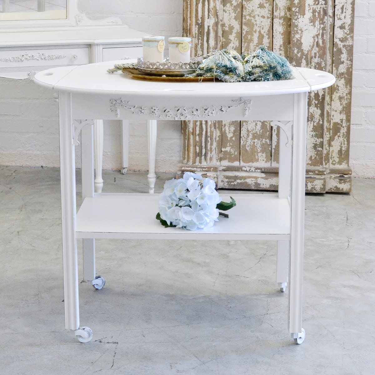 Shabby Cottage Chic White Tea Cart French Vintage Style Roses Haute Juice