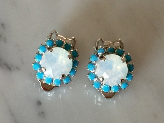 Swarovski White Opal & Turquoise Halo Clip On Earrings, Silver