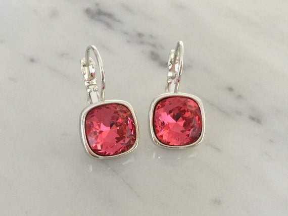 Swarovski Indian Pink Crystal Cushion Cut Earrings, Silver