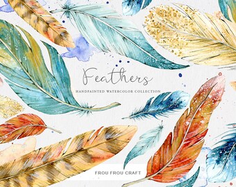 Tribal Feathers Clip Art, Bird Feathers Watercolor Sticker, Feathers Digital Paper, Journal Paper Stickers Package, Instant Stickers Set