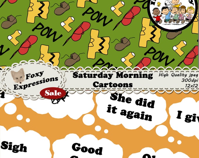 Saturday Morning Cartoons digital paper inspired by Charlie Brown includes Snoopy doghouse, pepperment patty, sally, teachers wah wah & more