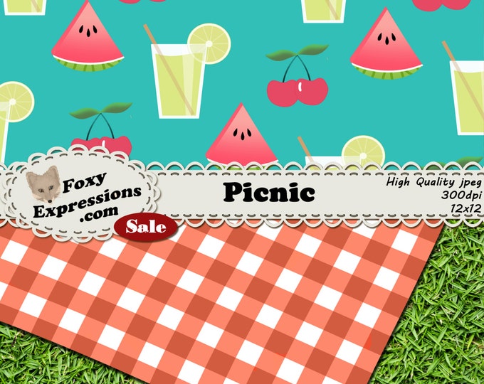 Picnic digital paper comes in colorful designs including picnic baskets and cloths with and w/o ants, watermelon, lemonade, cherries & more