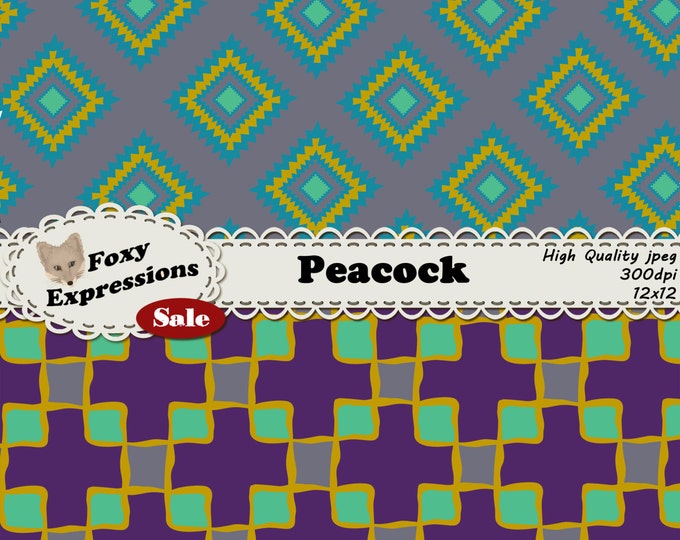 Peacock digital paper pack comes in fun peacock colors. Designs include stripes, checkers, plaid, polka dots, chevron, bubbles, and patterns