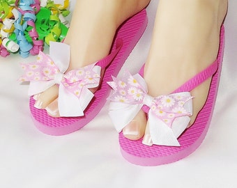 Girls Summer Sandals Fancy Flip Flops Pink Ribbon Dressy Flat Shoes Kids Size Medium Pool Beach Shoes Daisy Flower Decorated