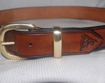 Leather belt, black, brass buckle,celtic