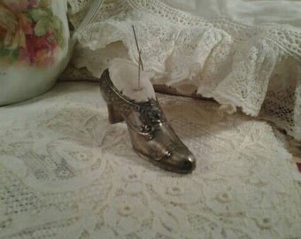 Shabby Vintage Pincushion Silverplate Shoe