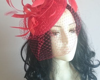 Red Satin Fascinator With Swirls & Feathers- Wedding Races-Ascot-Derby Day