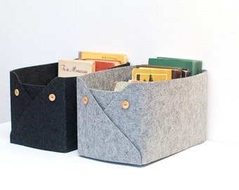 Set of 2 Felt Baskets / Storage Basket with Buttons / Household Storage / Felt Storage Bin / Color Storage / Felt box