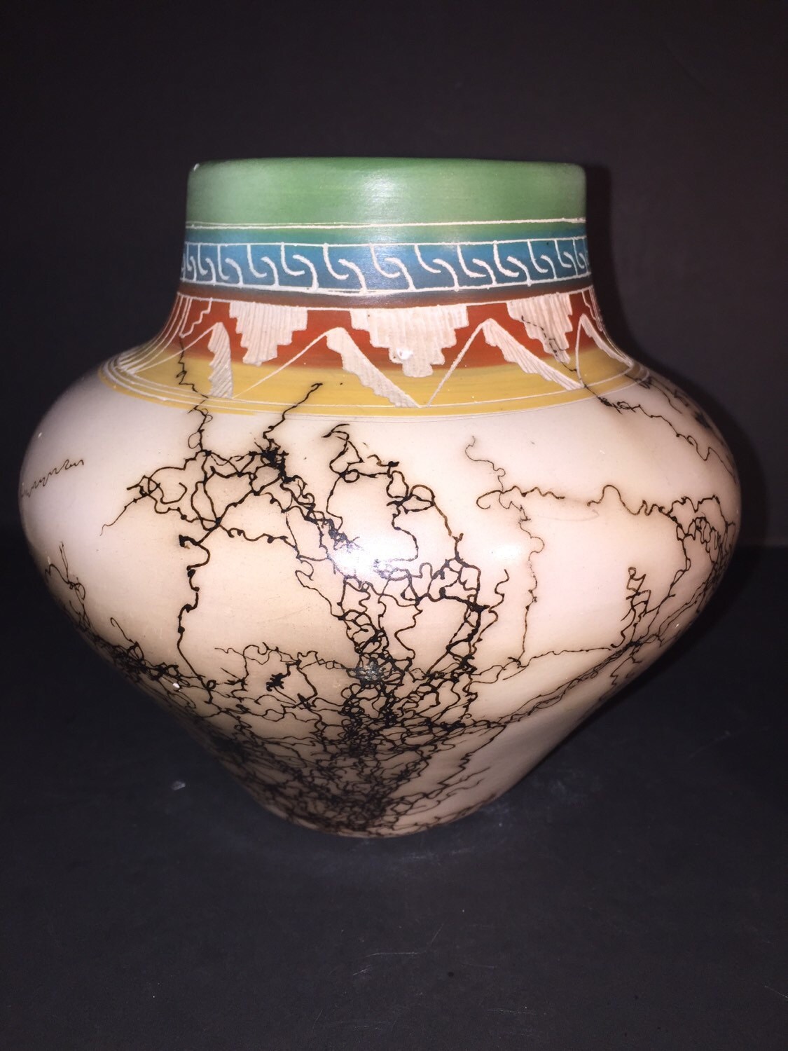 Handmade Navajo Horse Hair Pottery Vase Intricate Etchings in