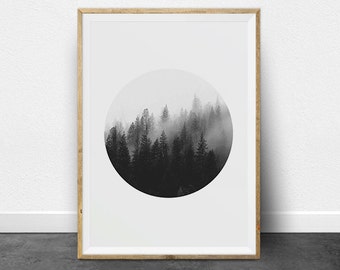 Black and White Prints, Black and White Photography, Printable Art Set, Ombre Effect, Circle Print, Minimalist Art, Forest Print, Trees