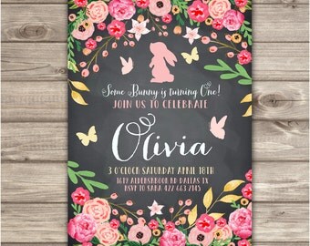 First Birthday Invitations Some Bunny is turning one 1st Birthday Spring Flowers Butterfly Invitations Bunny invitation NV797