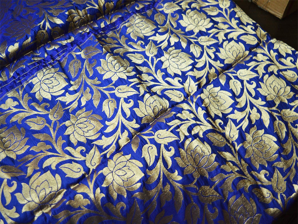 Blue and Gold Brocade Silk Fabric in woven roses Indian