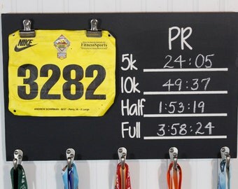Carved Race Medal Display Chalkboard PR Medal holder and bib holder - Running Medal Holder- Bib Holder