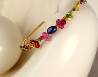 Multicolor Gemstone 14K Gold Fill Cuff with Kyanite Focal Stone. Sapphires, Tsavarites, Amethyst, Ruby, Kyanites, Garnets and Vermeil balls.