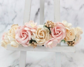 Ivory blush gold flower crown - wedding floral hair wreath - flower headpiece - flower hair accessories for girls