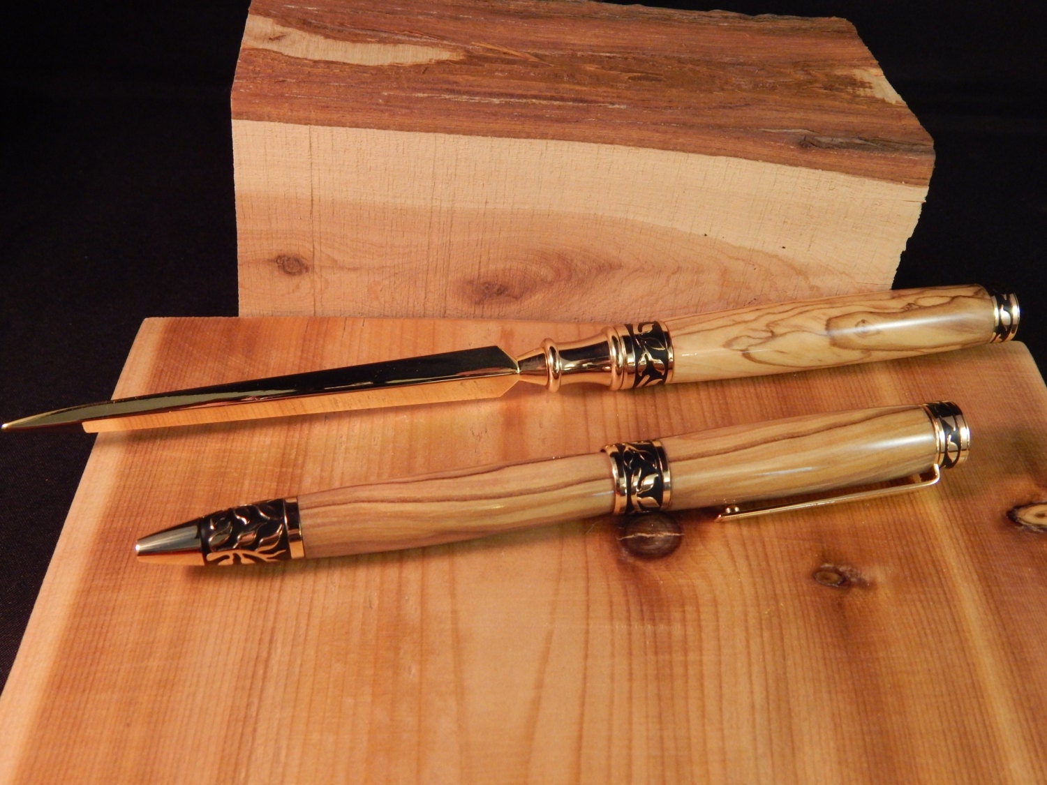 Sculpted Pen and Letter Opener Set with Bethlehem Olive Wood