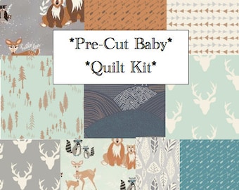 Baby Quilt Kit Hello Bear Modern Rustic Woodland Nursery Baby Bedding, Pre-cut Quilting Squares, Art Gallery Fabrics, Deer, Bear, Fox, DIY