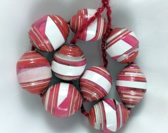 Paper Beads. Dark Pink and White. Eco Friendly. OOAK
