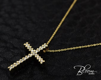 Diamond Cross Pendant Yellow Gold Cross on Delicate Chain Cross Necklace 18K Solid Gold Cross Pendant Yellow Gold Diamond Cross Necklace