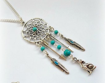Wolf Dreamcatcher Necklace, Dream Catcher Necklace, Wolf Necklace, Turquoise Feather Necklace, Tribal Jewellery, Totem Animal, Bohemian