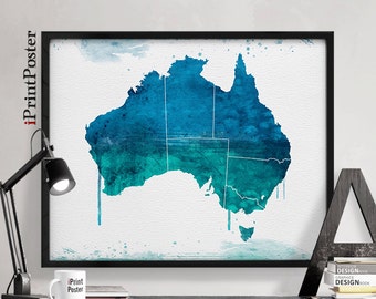 Australia watercolor map, Art, Print, Australia map poster, Poster, Art, Illustration, Artwork, Australia print, Home Decor, iPrintPoster.