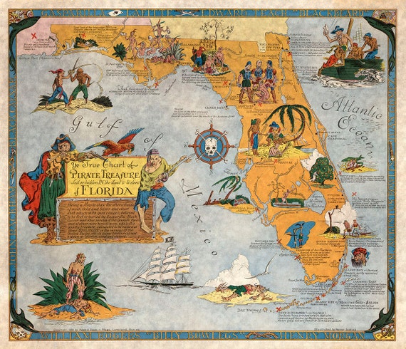 pirate treasure map of florida ye true chart 1950 vintage
