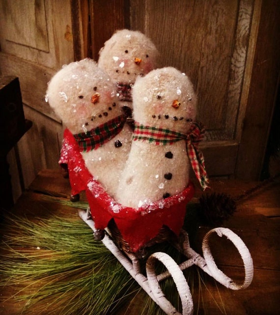 Primitive Snowman Sleigh Winter Christmas Folk Art Faap Hafair