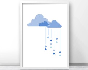 Printable nursery art, Cloud nursery wall art, Baby room art, Kids room art print, Blue clouds and raindrops baby print, Blue nursery print