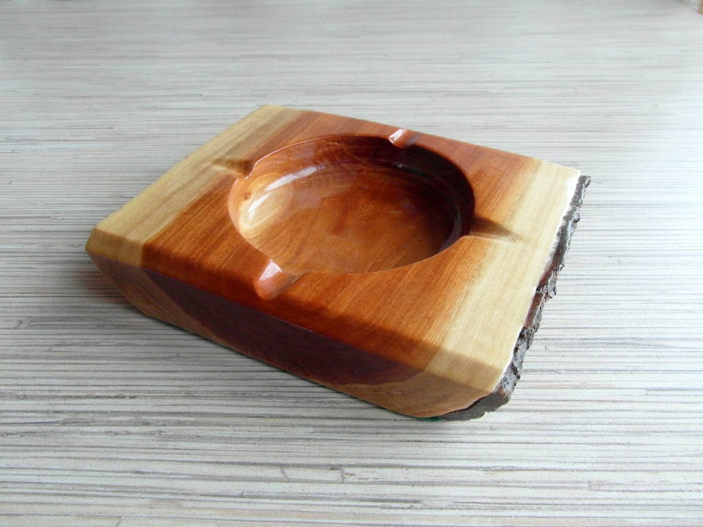 Vintage Wood Ashtray with tree bark on the one side Wooden