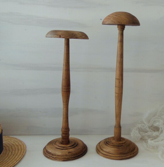 2 VINTAGE French turned wood HAT STAND for millinery