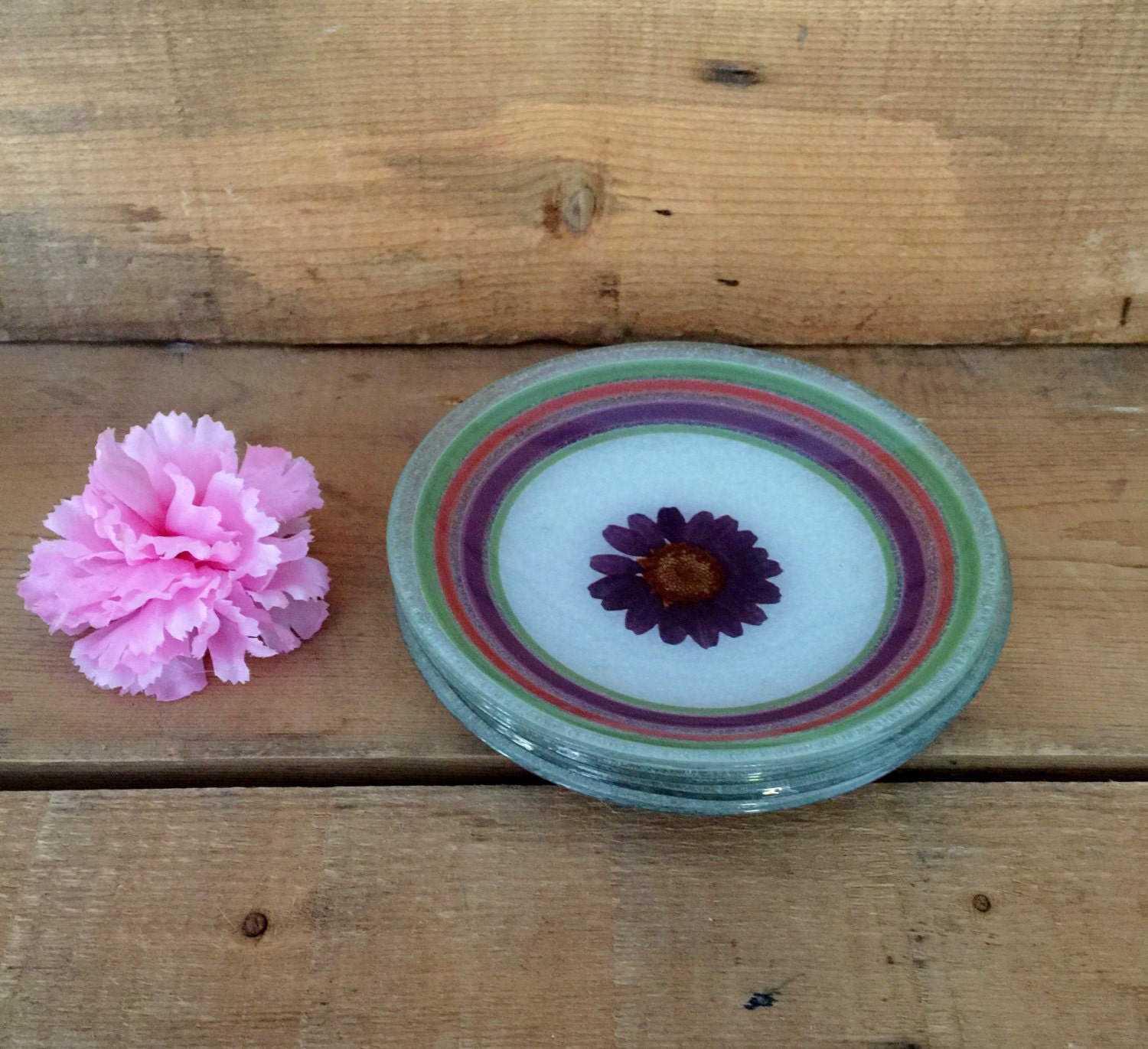 Gorham Glass Dessert Plates with Pink and Purple Daisys Set of