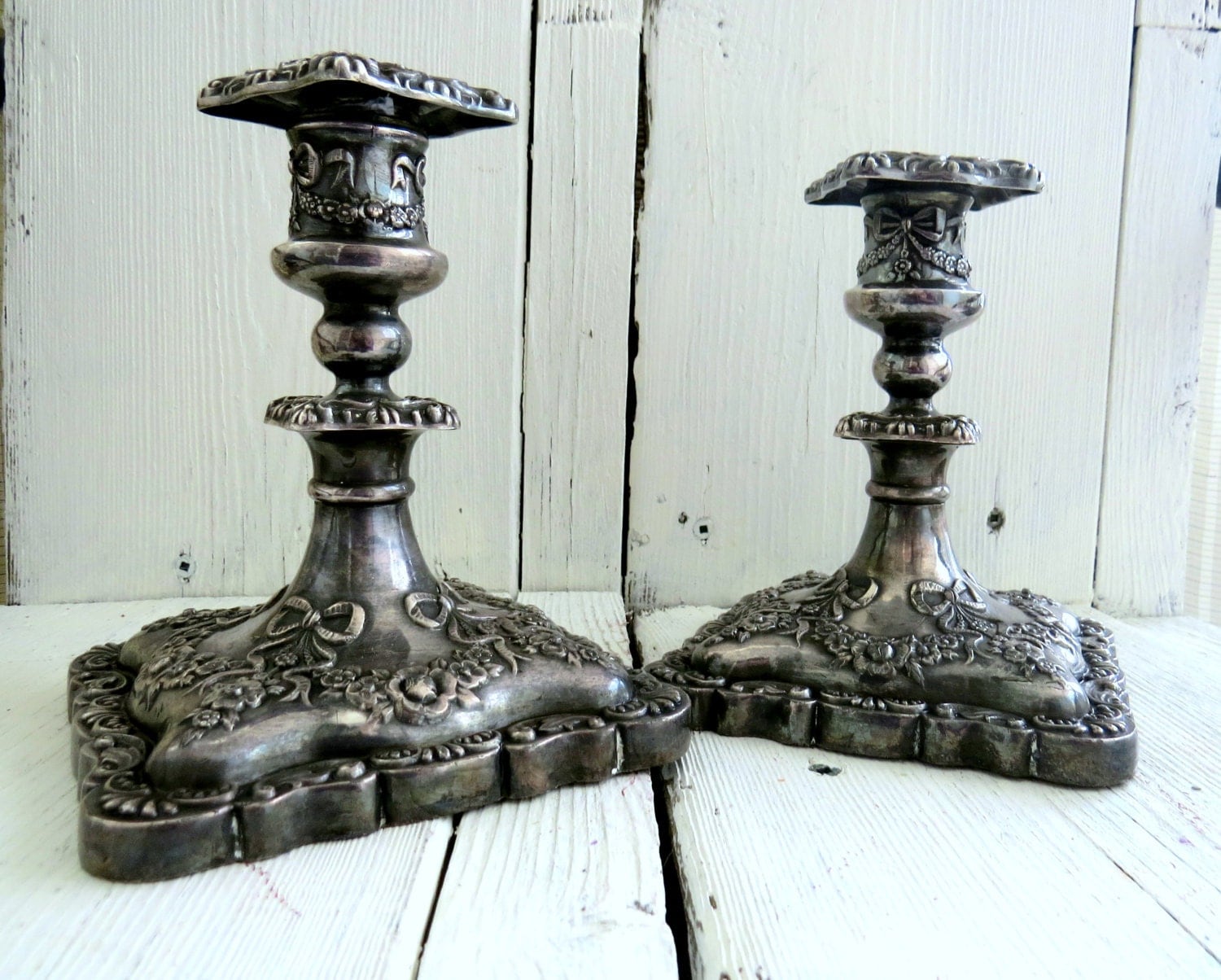 silver on lead ornate candle holders mid century candles