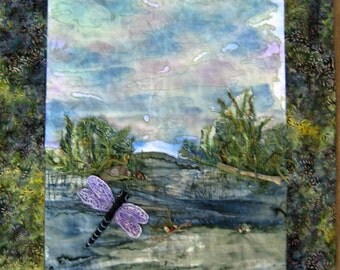 Dragonfly Art Quilt, Outdoor Landscape Quilt, Wall Hanging Quilt, River Scene Quilt, Three Dimensional, Home Decor, 24" x 29"