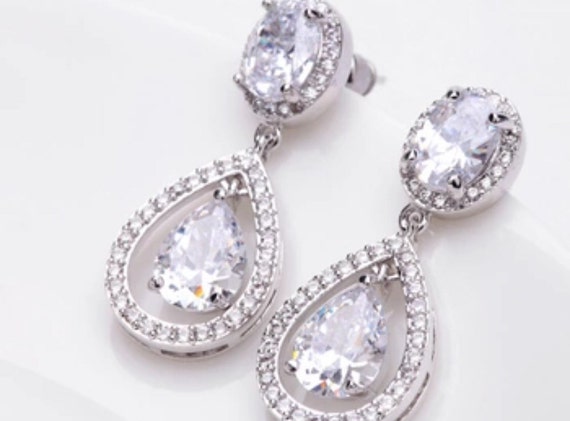 Items similar to 925 Sterling Silver Cubic Zirconia Earrings Wedding Bridal Dangle Stud Earrings