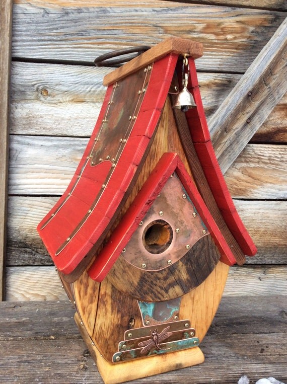 Unique Birdhouse Barnwood Red Teardrop Recycled Handmade