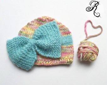 Baby hat with big bow - newborn knitted hat - newborn romantic hat - baby fotografie accessoire - baby knitting photo props
