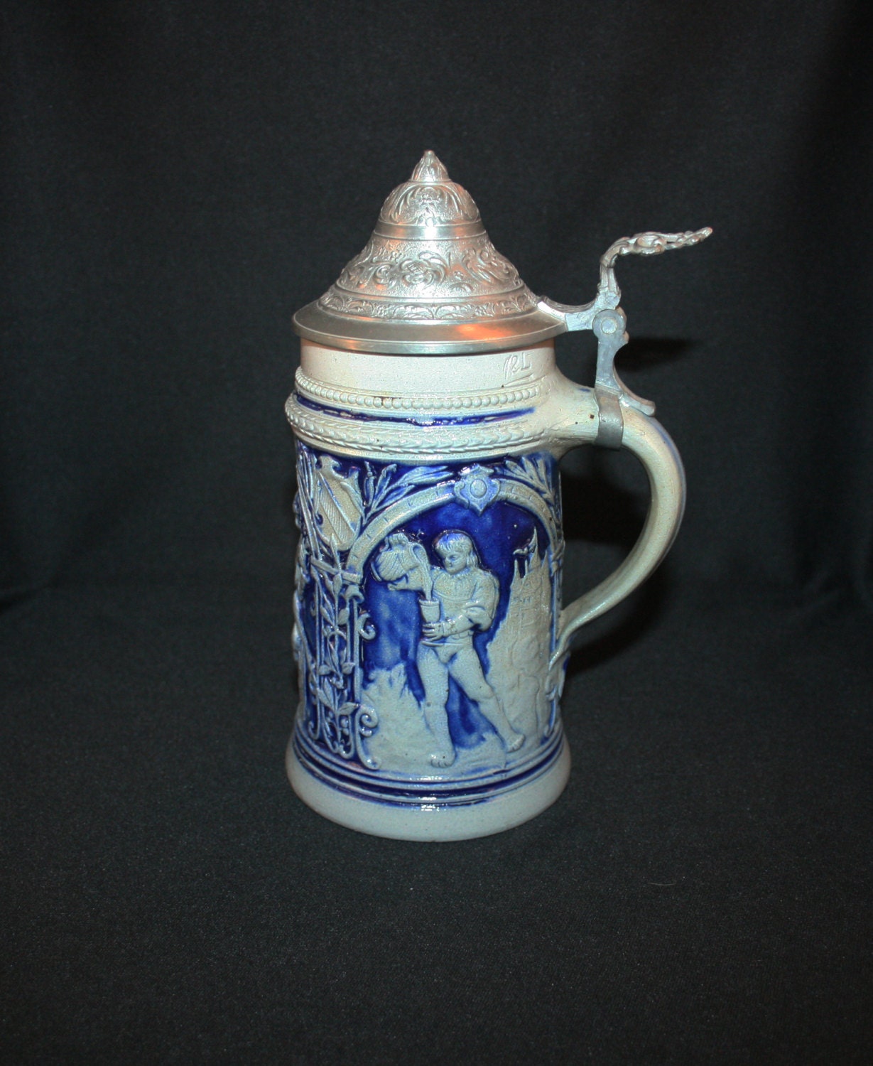 Antique Cobalt Blue Stoneware Beer Stein Lidded Marked Germany Circa