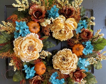 Fall Wreaths, Pumpkin Wreath, Autumn Wreath, Hydrangea Wreath, Thanksgiving