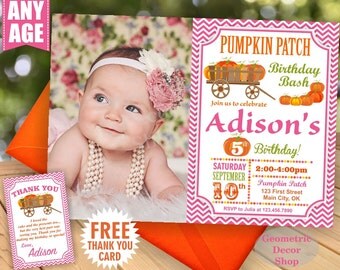 Pumpkin patch birthday invitation thanksgiving fall invite Photo Photograph pumpkin first rustic Pink Orange Girl woodland hayride Fall26/29