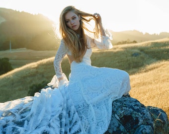 Lace Long Sleeve Wedding Dress, Long Train, Bohemian Wedding Dress, Soft Organic Cotton with Woven and Embroidered Lace - Veda Dress