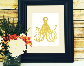 Octopus Print, Gold Foil, octopus art print, beach print, sea creature nursery, home Decor, sea creature, Nautical Print, Sea Life