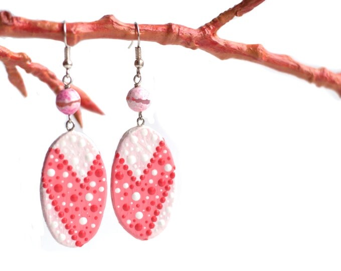 Pink agate earrings, Romantic earrings, Pink earrings, Hand painted earrings, Oval earrings, Pink and white, Oval shape earrings