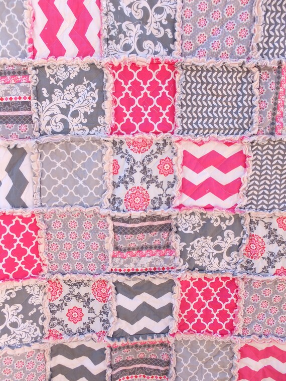 Pink and Gray Twin Rag Quilt Girls Twin Sized Quilt Pink