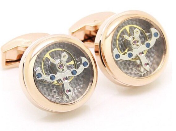 Rose Gold & Carbon fibre tourbillon cufflinks. by HenrySalisbury steampunk buy now online