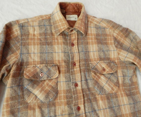Arrow Wool Flannel Shirt Beige Plaid Mens Medium Long Sleeve